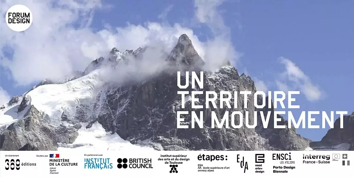 Promotional image for Forum Design Pays De La Meije featuring the words 'Un territoire en mouvement'.