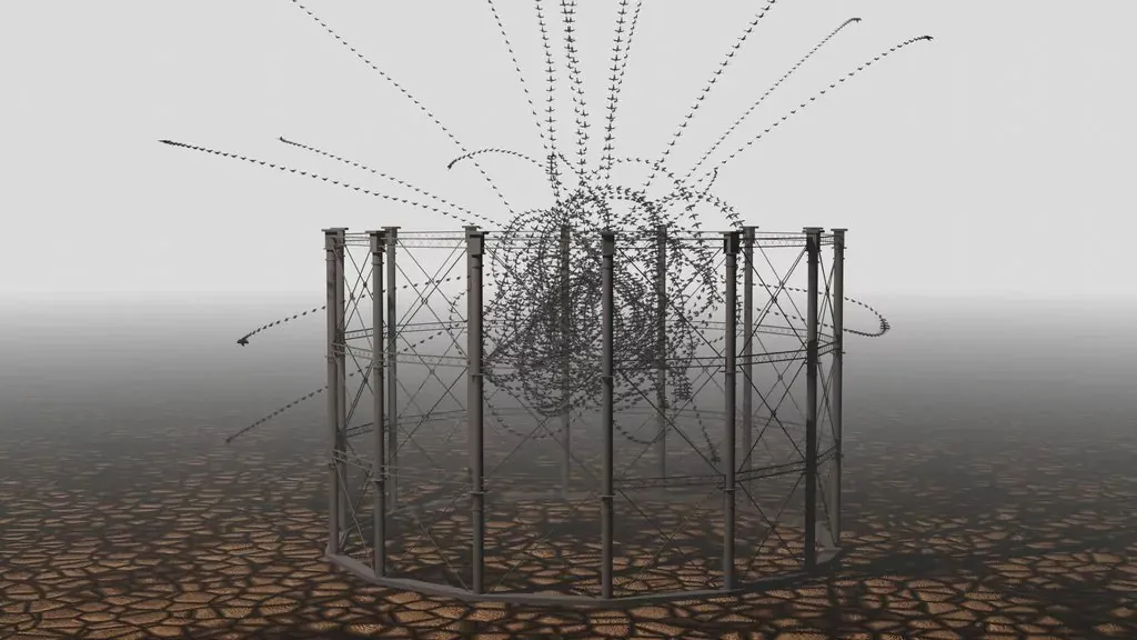Algorithmic birds circling a gas holder in Alex May's A World Without Us Revisited image.