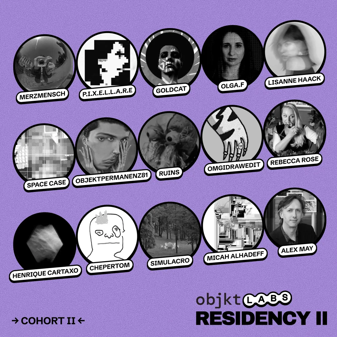 Announcement graphic for the second objkt labs Residency cohort, listing participating artists including Alex May.