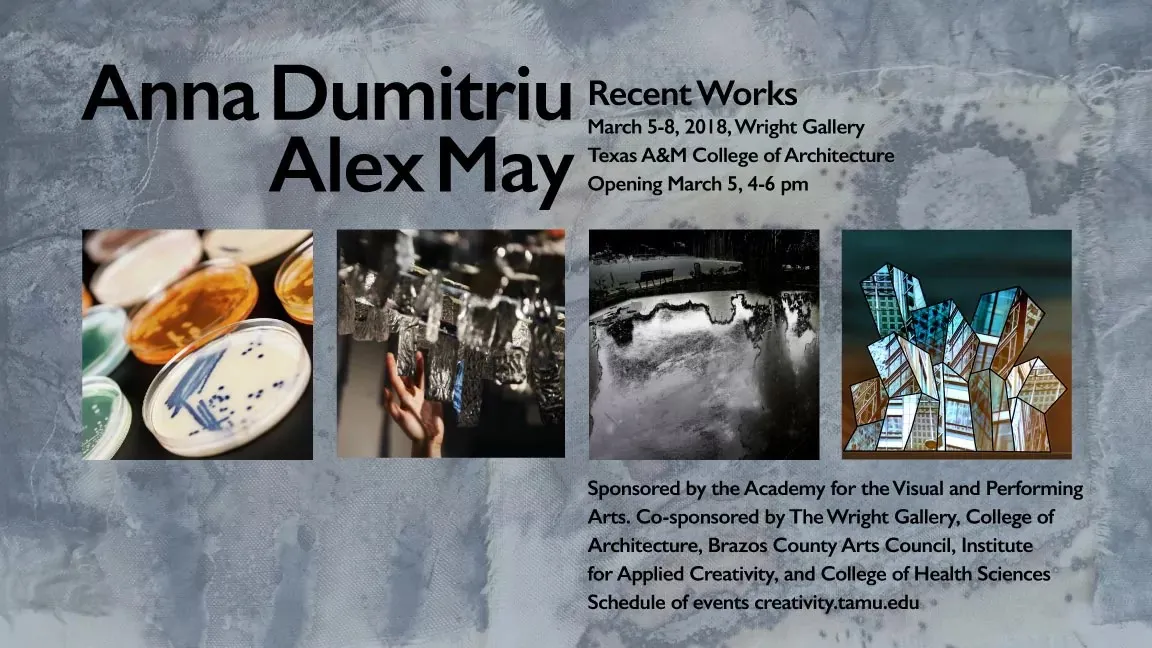 Portrait of Anna Dumitriu and Alex May used to promote their Texas A&M exhibition and events in March 2018.