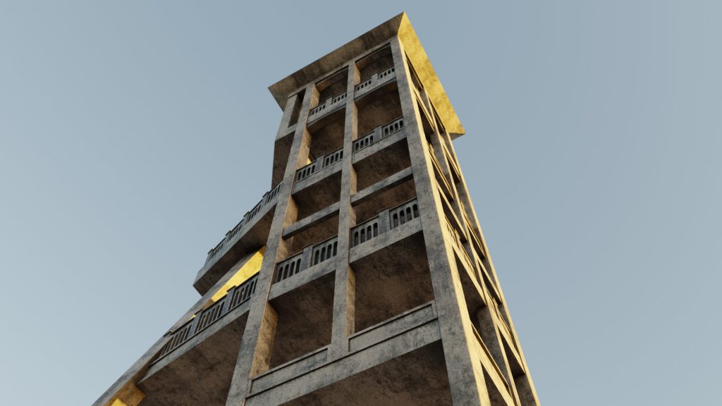 An early stage 3d render of a large industrial coal mining tower
